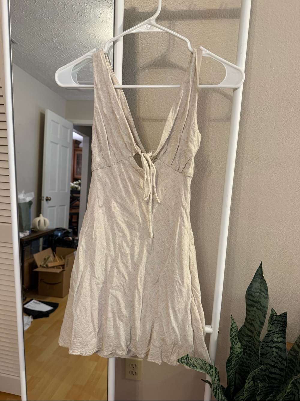 Sleeveless Tie-Front Mini Dress in Light Beige